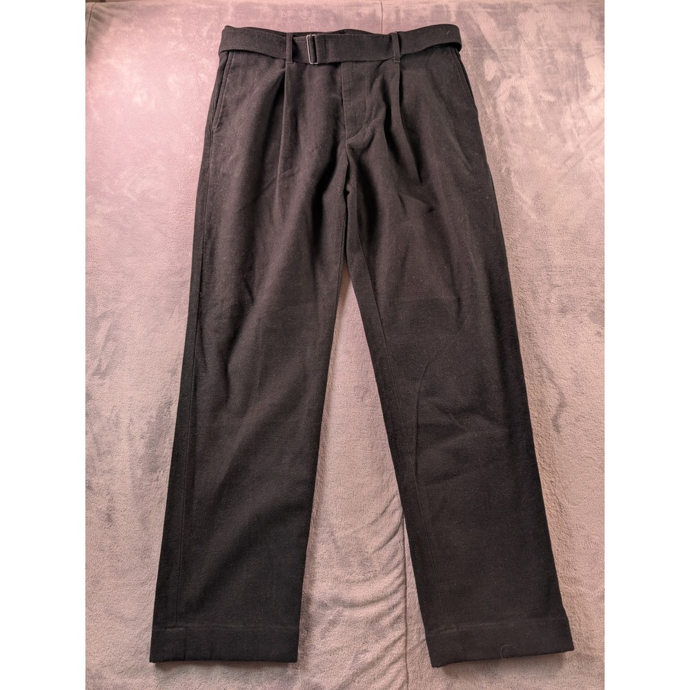 AE77 New York Mens Pleated Belted Trousers Charcoal Black 32/32 Wool Blend Pants